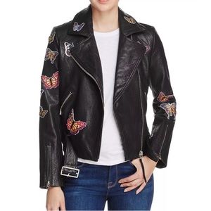 Aqua Leather Moto Jacket Butterfly Patches Small